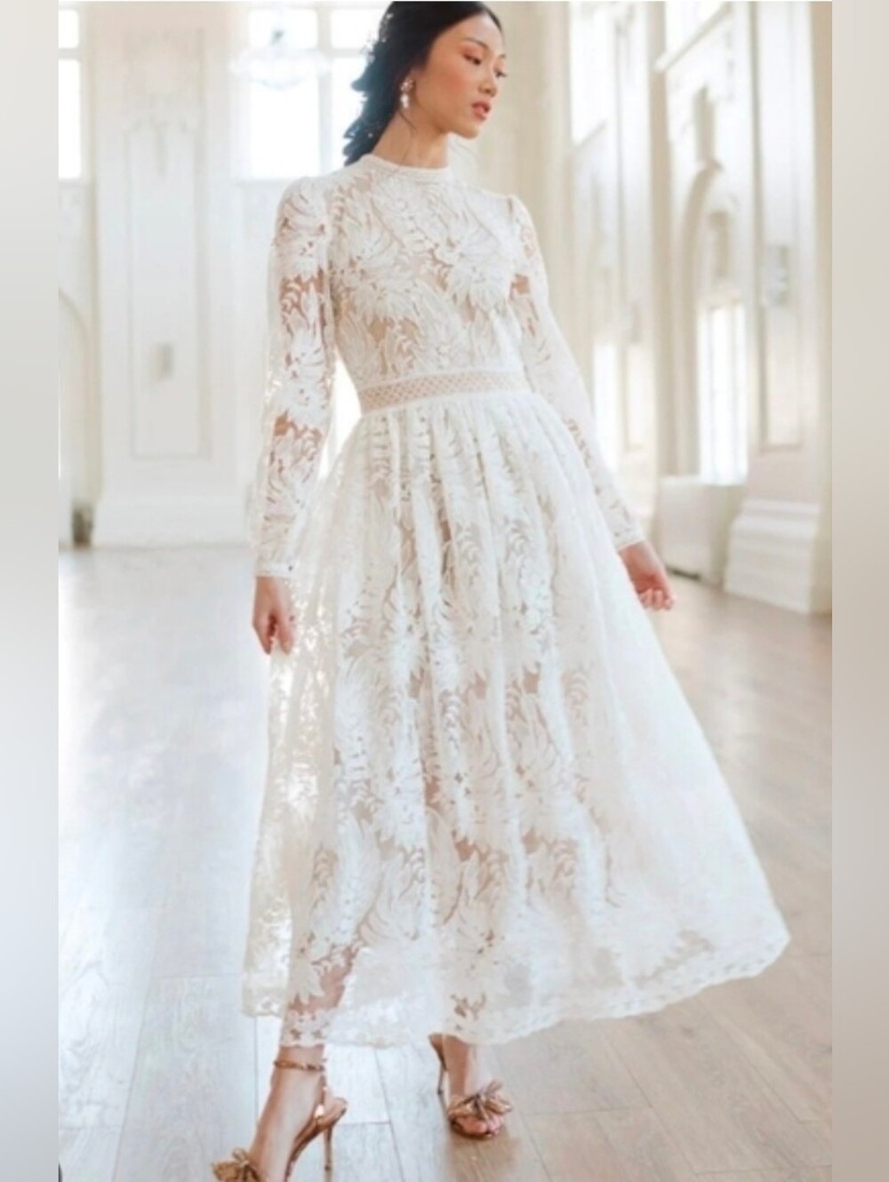 Ivy City Co Naples Dress Elegant White Lace Long-Sleeve Midi Dress, Size 16W